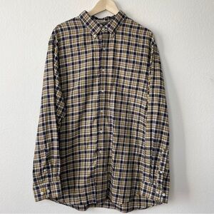 L.L. Bean Plaid Yellow Navy Blue Cotton Wrinkle Resistant Button Up Shirt XL